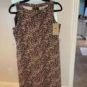 Tommy Bahama Brown Tan Sheath Dress Sleeveless Crew Neck Midi